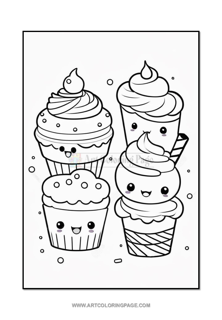 Four cute cartoon cupcakes with smiling faces, including two frosted cupcakes and a cone-shaped ice cream treat.