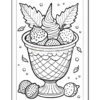 A detailed black and white coloring page of a dessert cup filled with ice cream, strawberries, and mint leaves, surrounded by decorative elements.