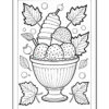 A detailed coloring page featuring a large sundae cup filled with three scoops of ice cream, drizzled with syrup and topped with a cherry, surrounded by leaves and bubbles.
