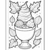 A black and white drawing of a cup filled with three ice cream scoops, surrounded by leaves and small dots.