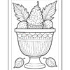 A decorative bowl filled with a cupcake topped with swirls, surrounded by leaves and fruits, all outlined for coloring.