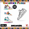 A colorful cover for a sneaker-themed coloring book featuring various sneaker designs, including high-tops and low-tops, with text indicating 'Sneakers Coloring Pages Vol. 4' and '100 Pages' on a red background with colored pencil graphics.