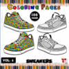 A colorful cover for a sneaker-themed coloring book, featuring four sneaker designs: one intricately colored with floral patterns, another outlined in black and white for coloring, and two more designs in a similar style, all set against a vibrant background with colored pencil illustrations. The text at the top reads 'Sneakers Coloring Pages' and includes '100 Pages' and 'Vol. 6.'
