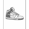 A detailed black and white line drawing of a high-top sneaker featuring various patterns and designs.