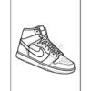 A black and white line drawing of a high-top sneaker with detailed stitching and a prominent logo.