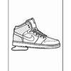 Outline drawing of a high-top sneaker with detailed stitching and a swoosh logo, designed for coloring.