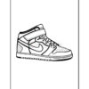 A detailed line drawing of a high-top sneaker with a distinctive logo and various design elements.