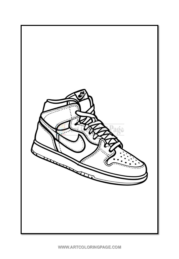 Line art illustration of a mid-top sneaker featuring a swoosh logo, suitable for coloring. Designed by Artcoloringpage.com.