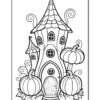 A whimsical, fairy-tale style house with a curved design, two towers, and large pumpkins in the foreground, outlined for coloring.
