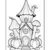 A whimsical mushroom-shaped house surrounded by pumpkins and playful swirls.
