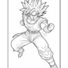 Line art of a spiky-haired character in a fighting pose, wearing a sleeveless shirt and baggy pants, ready for battle.