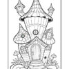 A whimsical, multi-towered fairy tale house with distinct roofs, surrounded by flowers and stones.
