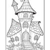 A whimsical, multi-turreted fairy tale house with a winding path, surrounded by pumpkins and lush greenery.