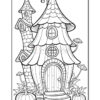 A whimsical, fairytale-style house with a curved roof, surrounded by pumpkins and mushrooms, set against a simple background.