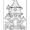 A whimsical, illustrated house with a curved roof, round windows, and surrounded by mushrooms and flowers.