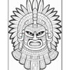 A detailed black and white illustration of a tribal mask with intricate patterns and geometric designs, suitable for coloring.