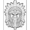 A detailed black and white illustration of a tribal warrior mask with an elaborate feathered headdress.