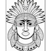 A detailed black and white illustration of a Native American figure adorned with feathers and jewelry.