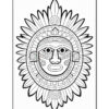 A detailed black and white illustration of a decorative mask surrounded by a sunburst pattern, suitable for coloring.