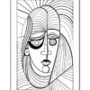 Black and white line drawing of a stylized face with abstract hair patterns and a mix of curved and straight lines.
