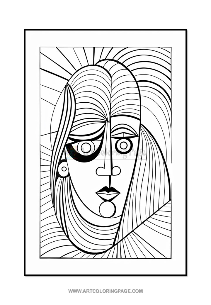 Black and white line drawing of a stylized face with abstract hair patterns and a mix of curved and straight lines.