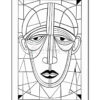 Black and white geometric face illustration with abstract features and symmetrical design elements.