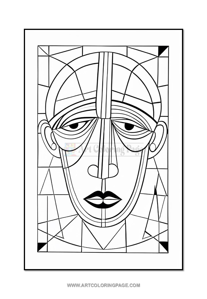 Black and white geometric face illustration with abstract features and symmetrical design elements.