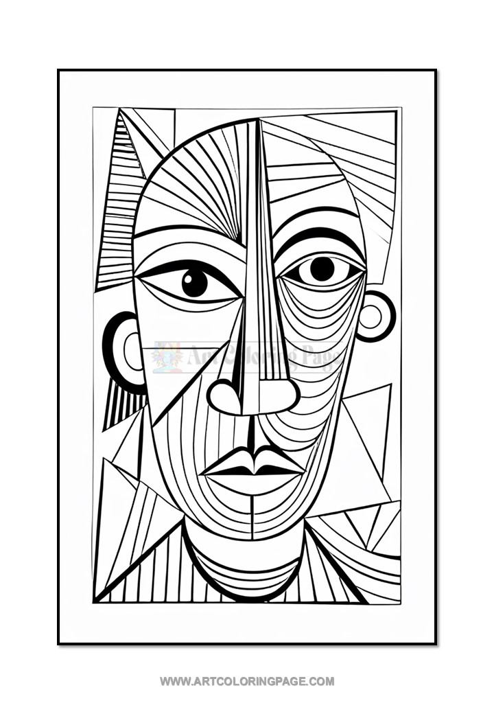 Abstract black and white line drawing of a face with geometric shapes and sharp features.