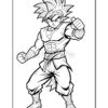 A superhero character with spiky hair poses confidently, wearing a martial arts outfit and clenching a fist, outlined for coloring.