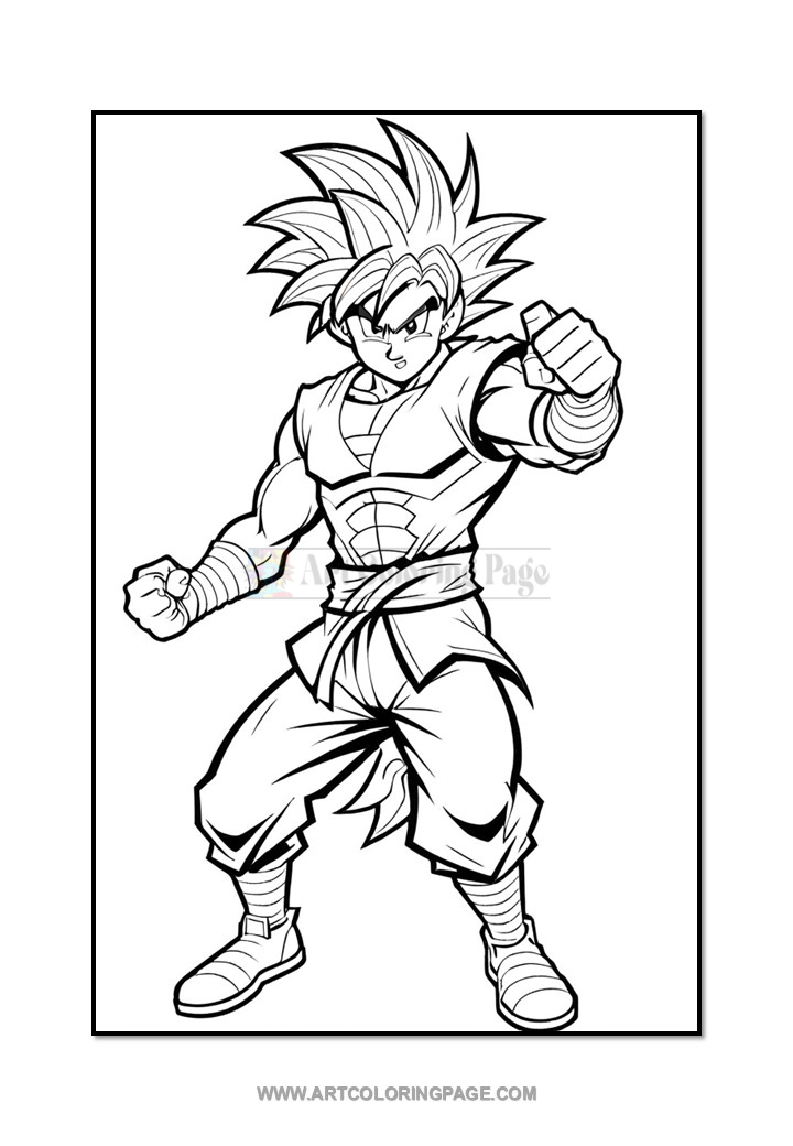 A superhero character with spiky hair poses confidently, wearing a martial arts outfit and clenching a fist, outlined for coloring.