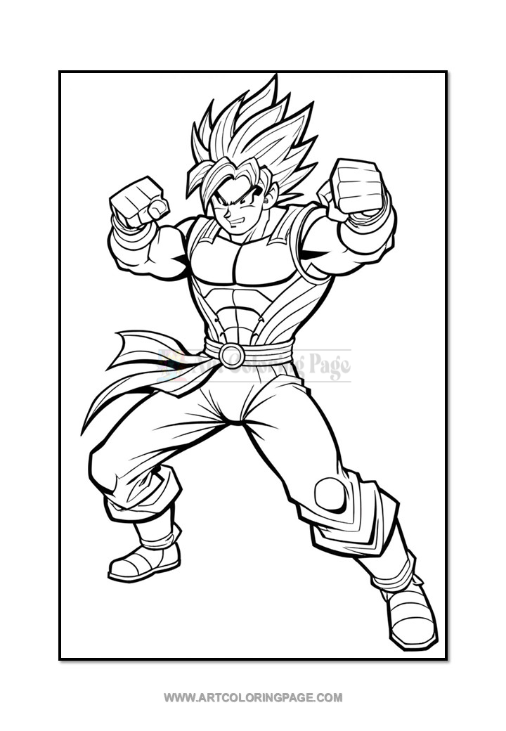 A muscular character with spiky hair, striking a powerful pose, wearing a detailed outfit with a belt and wristbands.
