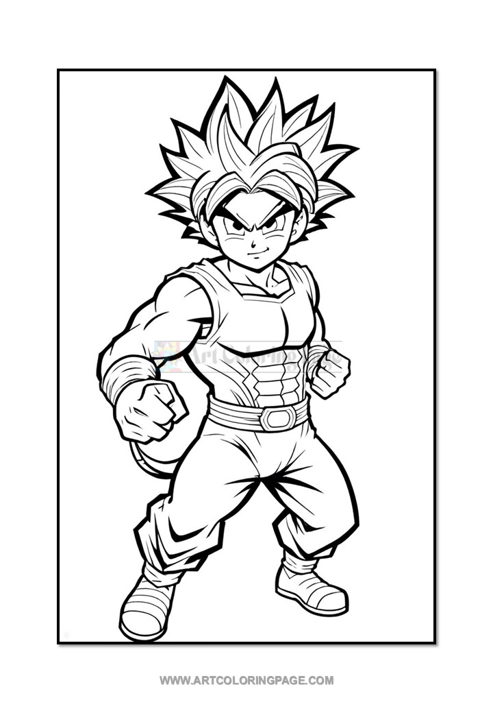 A character with spiky hair and a determined expression, wearing a stylized outfit and posing with clenched fists.