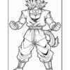 A line art illustration of a muscular character with spiky hair and a tail, posed with clenched fists, wearing baggy pants and a sleeveless top.