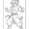 A lineart illustration of a character with spiky hair, wearing martial arts attire and striking a powerful stance.