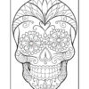 A detailed line art illustration of a decorative skull featuring floral patterns and ornate designs.