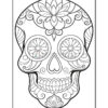 Intricately designed black and white coloring page of a sugar skull featuring floral patterns and decorative elements.