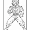 Outline drawing of a muscular, spiky-haired character in a fighting pose, wearing a sleeveless top and pants, inspired by anime.