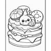 A whimsical illustration of a layered cake topped with various desserts like donuts and a cute cartoon character.