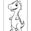 A cartoonish dinosaur stands upright, smiling with small spikes along its back, in a black and white coloring page design.