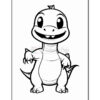 A cheerful, cartoon-style dinosaur with a wide smile, standing on two legs, featuring spikes along its back and a rounded belly.