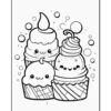 Three cute cartoonish ice cream cones with smiling faces, topped with swirls and cherries, surrounded by bubbles.
