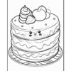 A cartoonish, multi-layered cake with whipped cream, strawberries, and cherries on top, designed for coloring.
