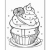 A detailed line drawing of a cupcake topped with frosting, candy, and sprinkles, set against a plain background.