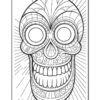 A black and white coloring page featuring a stylized skull design with decorative patterns and sunburst rays in the background.