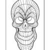 A detailed outline of a skull with decorative patterns, suitable for coloring.