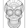 Intricate line drawing of a decorated skull with floral patterns and large eyes, designed for coloring.