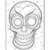 A detailed outline of a skull for coloring, featuring intricate patterns and circles in the background.