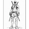 Line art illustration of a character resembling Deadpool, featuring his signature costume, dual katanas, and a confident pose.