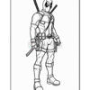 A detailed black-and-white line art illustration of a superhero with a mask, armed with swords and wearing tactical gear.