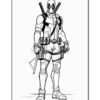 Line art illustration of a superhero character with a mask and utility belt, holding weapons, set on a blank background.